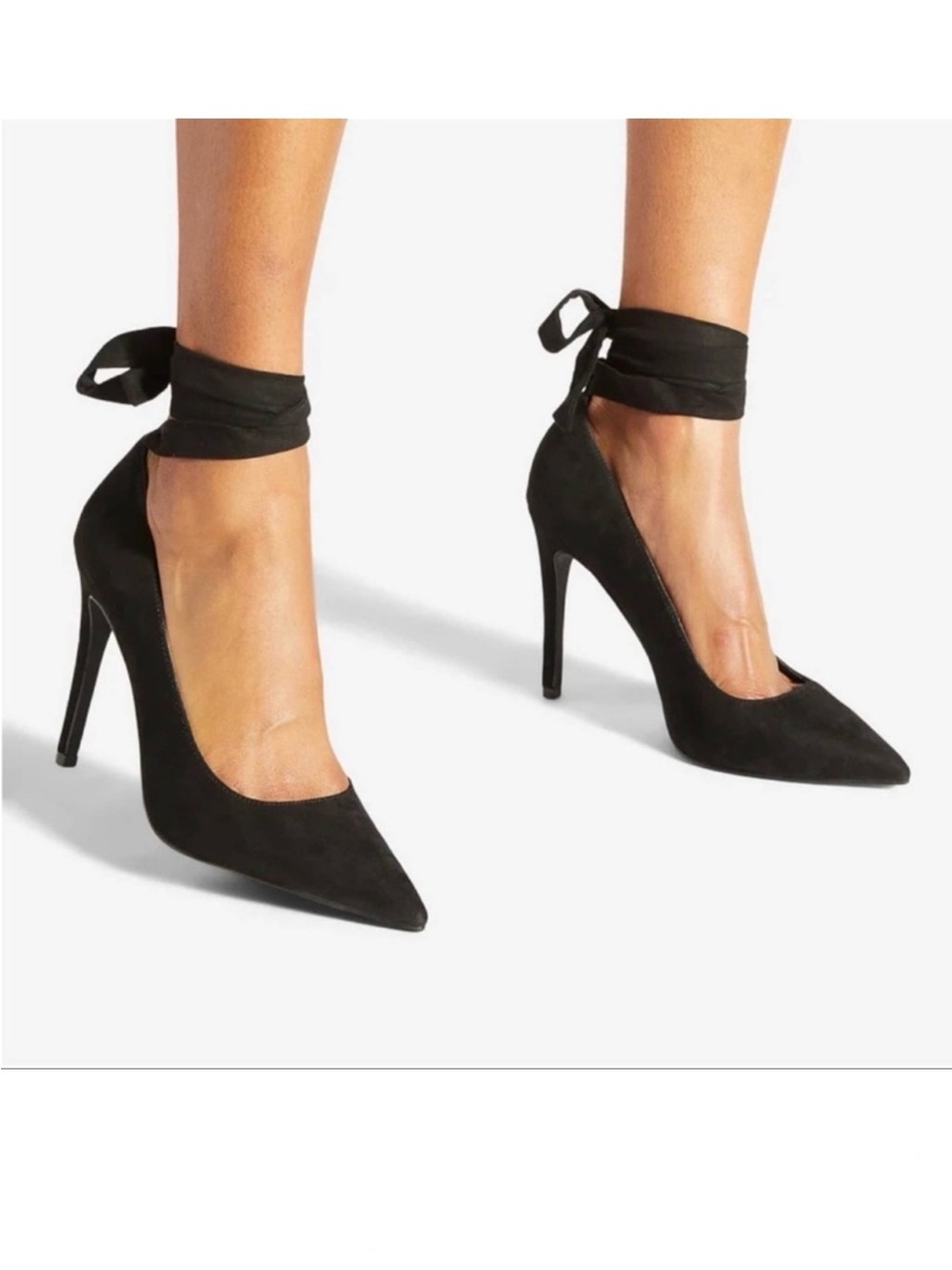 Shoe Dazzle Ankle Wrap Lace Up Black Faux Suede Stiletto Heels 9.5 NWOT